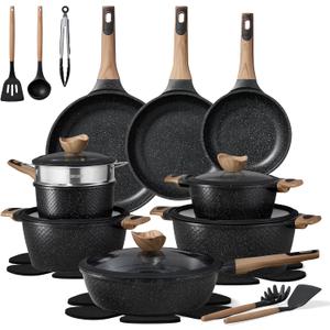 CAROTE 26PCS Pots and Pans Set Non Stick, Cookware Set Pots and Pans Induction Cook Ware, Nonstick Kitchen Cooking, PFOA Free, Black, 26 Piece