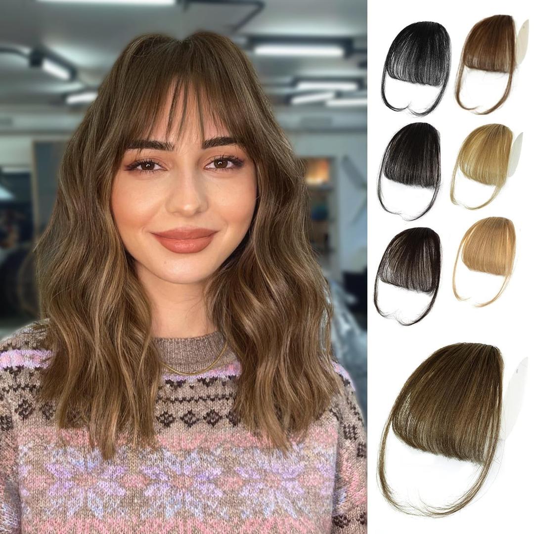 NAYOO Bangs Hair Clip - Light Brown Fake Bangs 100% Real Human Hair Extensions Wispy Bangs for Women Fringe with Temples Hairpieces Curved Bangs for Daily Wear(Light Brown, Wispy Bangs)