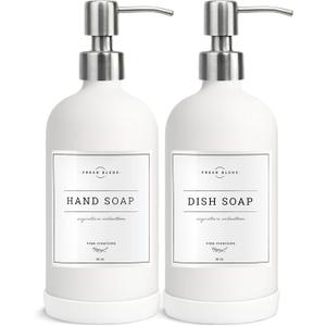 Vine Creations White Glass Soap Dispenser, 2 Pack Kitchen Soap Dispenser Set with Stainless Steel Pump, 16 oz Dish Soap and Hand Soap Dispensers for Bathroom with Waterproof Labels (Matte White Bottle / Silver Pump)