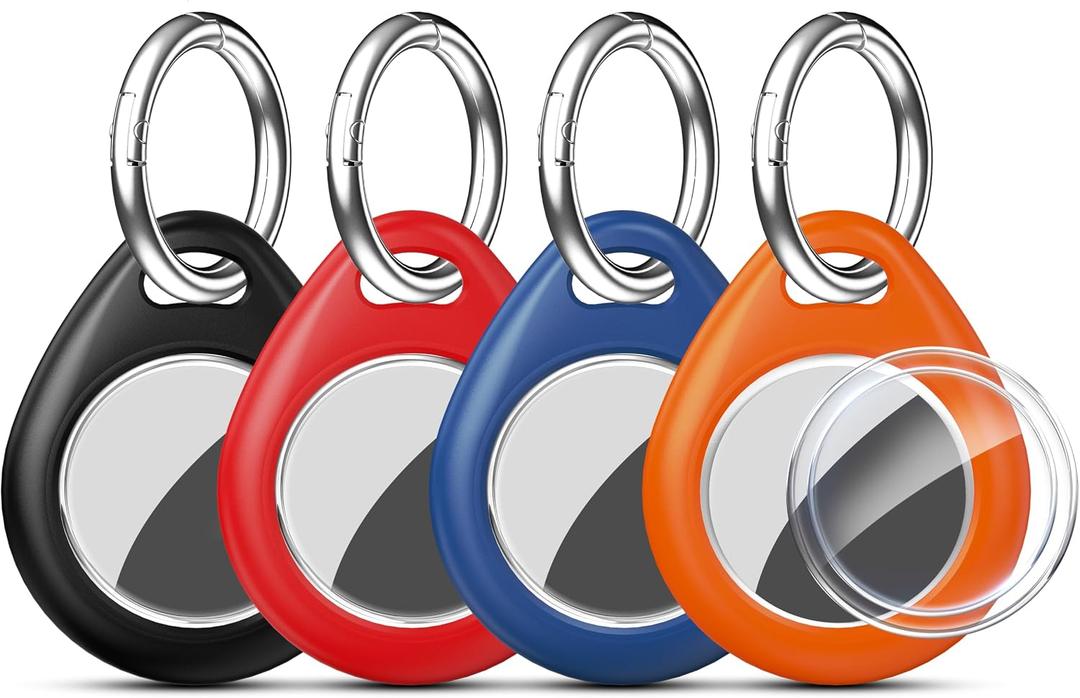 RFUNGUANGO Compatible AirTag Holder Air Tag Keychain Protective Case - 4 Pack Air Tag Protective Case with Metal Keychain for Kids, Pets, Luggage, Backpacks, Keys, Black,Orange,Blue,Red
