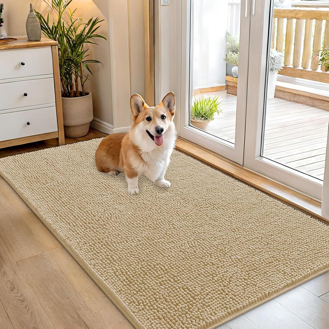 OLANLY Dog Door Mat for Muddy Paws 54x32, Absorbs Moisture and Dirt, Absorbent Non-Slip Washable Doormat, Quick Dry Chenille Mud Mat for Dogs, Entry Indoor Entryway Carpet for Inside Floor, Beige