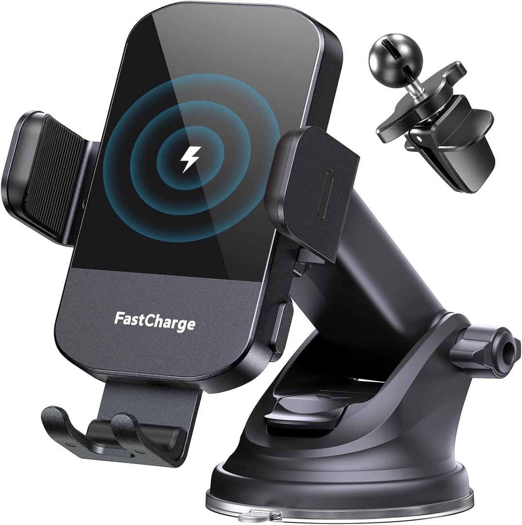 Wireless Car Charger, 15W Fast Charging Auto Clamping Phone Holders Phone Mount fit for iPhone 17 16 15 14 13 12 Pro Max 11 XR XS, Samsung Galaxy S25 Ultra S24 S23, Black