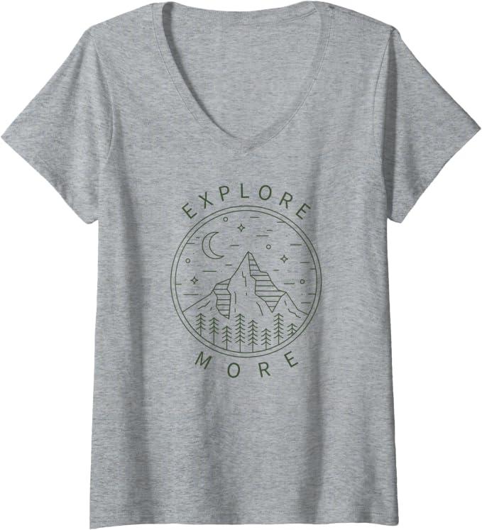Womens Explore More Minimalist Mountains Hiking Hiker Rock Climbing V-Neck T-Shirt, M