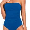 Holipick Women Tummy Control One Piece Swimsuits Strapless Bandeau Bathing Suits Slimming Halter Swimwear (Medium, Blue)