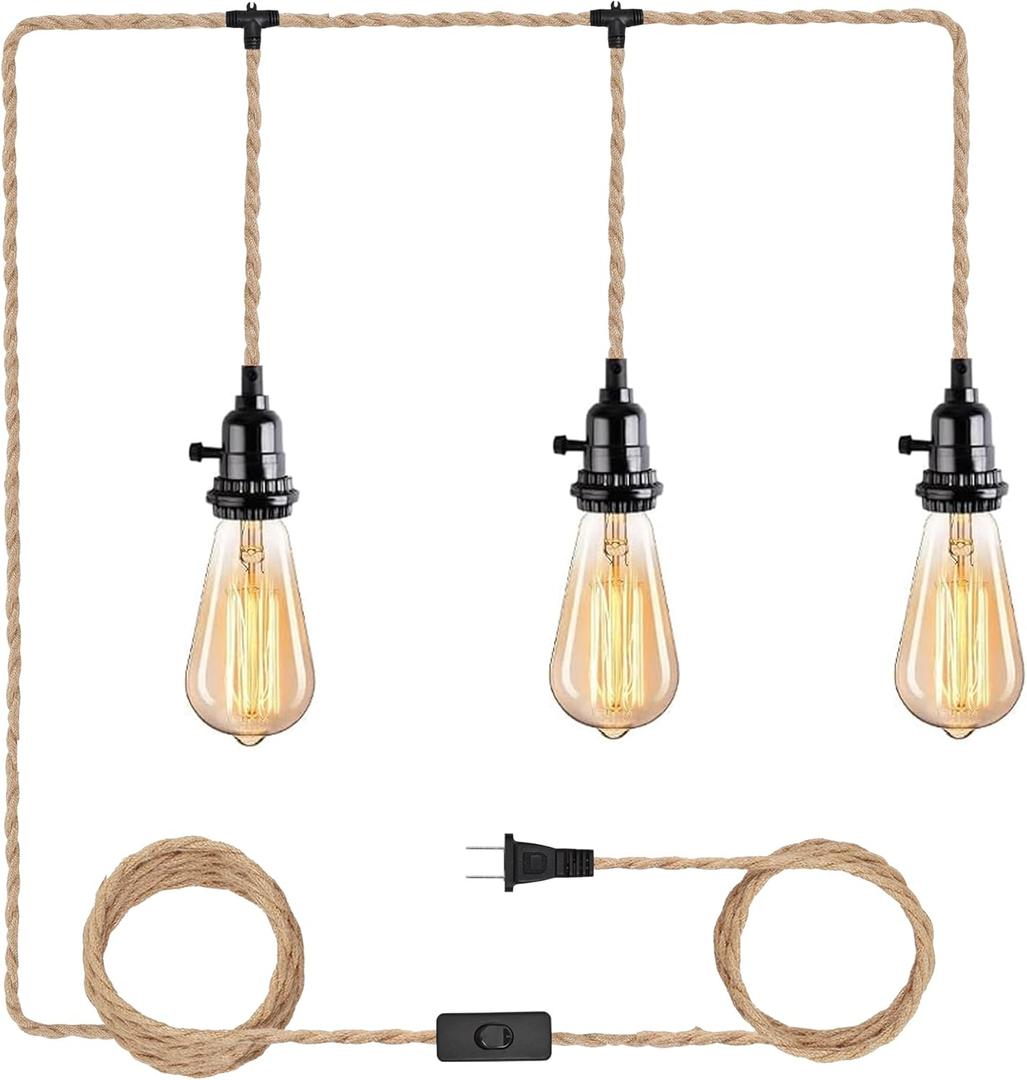 3 Light Hemp Rope Plug in Pendant Light Rattan Hanging Lights with Plug in Cord with Woven Lamp Shade, Plug in Cord Hemp Rope Hanging Lamp (1 PACK)