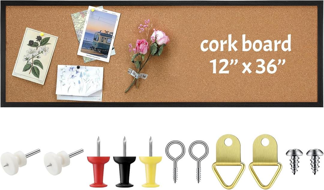 DoubleFill 12'' x 36'' Cork Bulletin Board Framed Large Wall Mounted Corkboard with Installation Kit, Push Pins for Home and Office Decor, School Message or Vision Background(Black), 36.8" x 12.8"