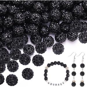 200pcs 10mm Black Rhinestone Beads for Jewelry Making, Shiny Round Shamballa Disco Ball Beads Bulk, Sparkle Crystal Clay Christmas for Bracelet Baseball Necklace Earring Crafting and DIY