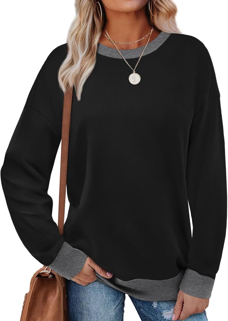 Saloogoe Sweatshirts for Women Crewneck Long Sleeve Loose Fit Tops Color Block Ribbed Trim Fashion 2024 (Large, C-black)
