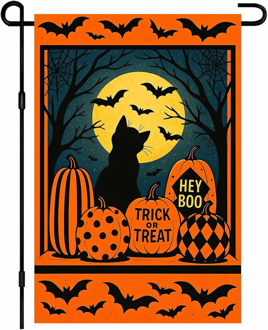 IVN Spooky Halloween Garden Flag 12x18 Inch Double Sided Black Cat Witch Pumpkin Jack O Lantern Trick or Treat Outdoor Fall Yard Flag for Outside Home Front Door Lawn Porch Patio Welcome Decor