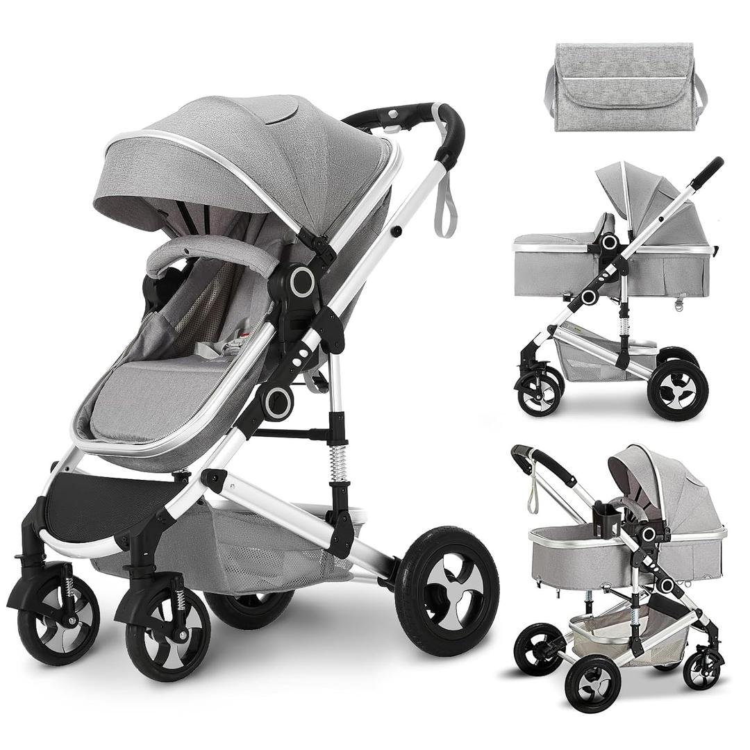 Kinder King 2 in 1 Convertible Baby Stroller, Folding High Landscape Infant Carriage, Newborn Reversible Pram, Adjustable Canopy, Diaper Bag, Anti-Shock Toddler Pushchair Stroller, Light Grey