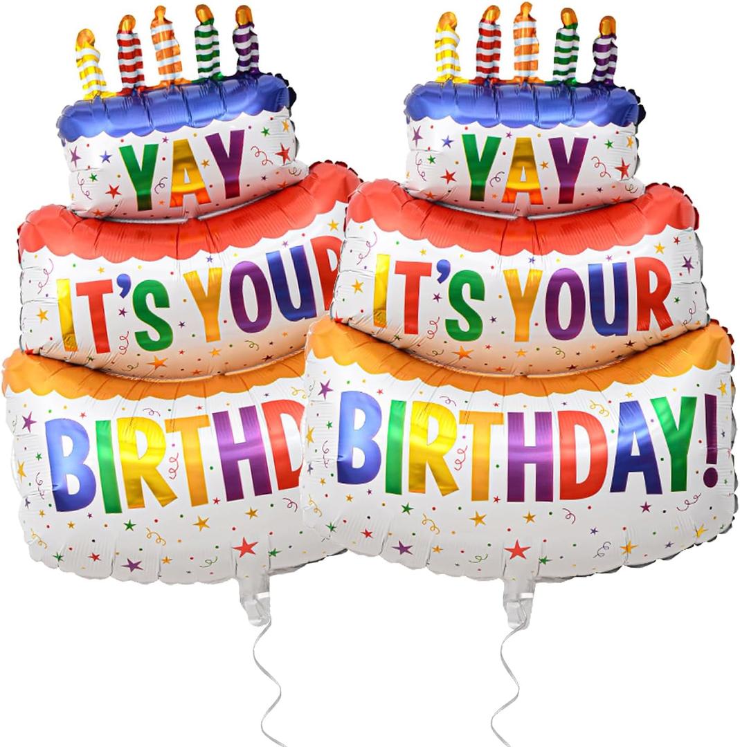 2PCS Happy Birthday Cake Foil Balloons, 40" Large Three-Layer Mylar Birthday Balloons, Yay Balloon for Girls Boys Kids Baby Shower Party Decorations, Multicolored