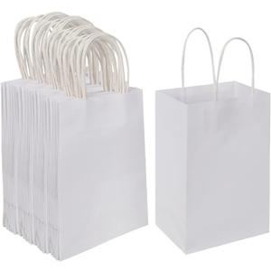 Oikss 100 Pack 5.25x3.25x8.25 Inch Small White Kraft Paper Bags with Handles Bulk for Birthday Wedding Party Favors Grocery Retail Shopping Business Goody Craft Gift Bags Cub Sacks (100pcs Count)