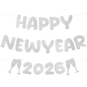 Yeaqee Happy New Year Banner 2026 Glitter Pre-strung Banner 10 Feet for New Year Sign Party Decoration, 2026 Party Supplies(Silver)
