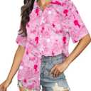 VILOVE Breast Cancer Shirt Women: Breast Cancer Awareness Button Up Tshirt Pink Ribbon Shirt Pink Awareness T-Shirt XL