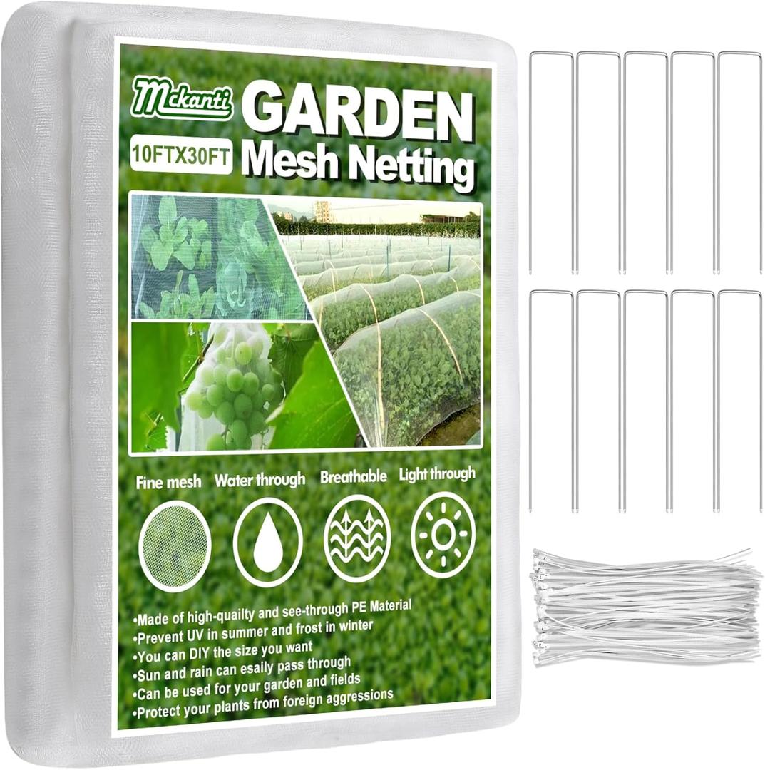 Mckanti 10x30FT Garden Mesh Netting, Fine Plant Covers with 30Pcs Cable Ties & 10Pcs Nails, Bed Netting Cover for Plants, Vegetables, Greenhouse, Patio Barrier Net