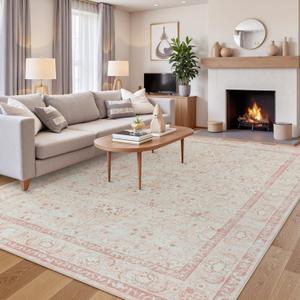 LIVEBOX Washable 9x12 Area Rug for Living Room, Soft Boho Pink Rug for Bedroom, Non-Slip Vintage Floral Rug, Ultra-Thin Non-Shedding Large Carpet for Dining Room, Nursery, Home Office, Light Pink
