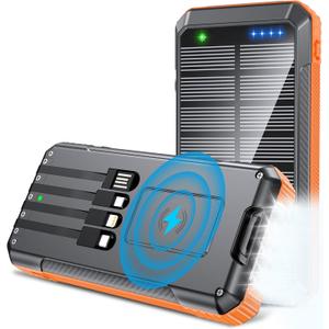Power Bank Wireless Charger 52800mAh Built in 4 Cables 7 Outputs 22.5W Fast Charging Power Bank for All Mobile Devices 4Inputs Solar Portable Charger with Dual Flashlights (Orange)