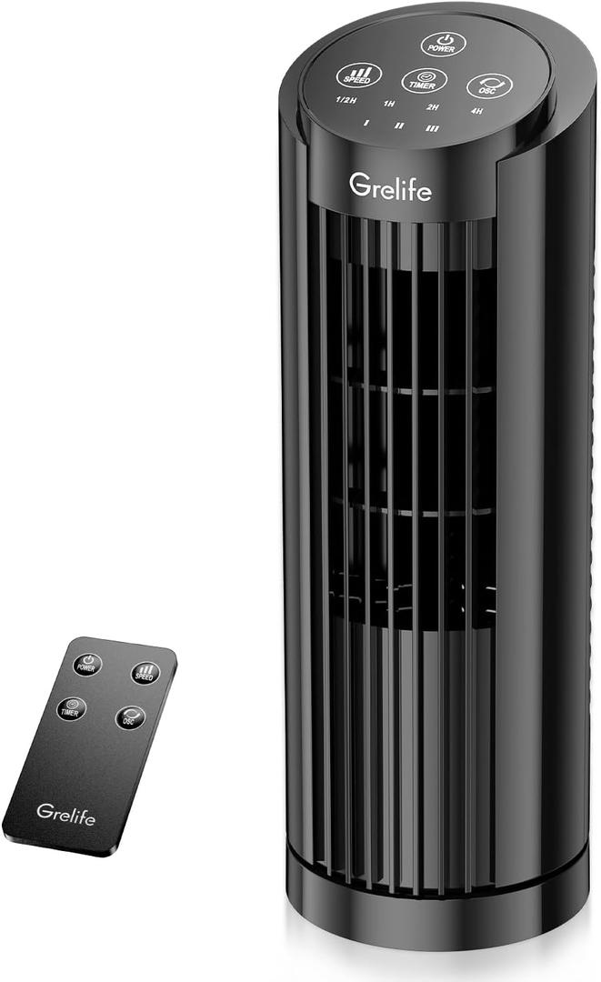 Grelife Tower Fan with Remote Control, Fast Cooling Desktop Fan, 90 Oscillation, 3 Speeds, 3 Wind Modes, Touch Screen, Auto Timer, Ideal for Home, Office Bedroom