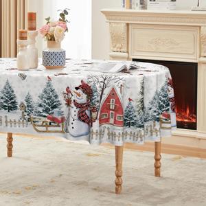 Horaldaily Christmas Tablecloth 6084 Inch Oval, Winter Snowman House Christmas Trees White Washable Table Cover for Party Picnic Dinner Decor