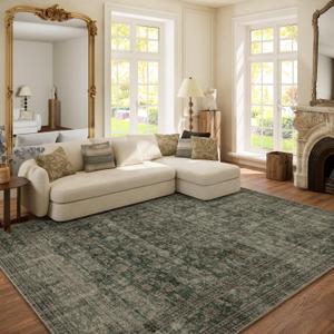 Washable Living Room Area Rug: 6x9 Area Rugs for Bedroom Vintage Stain Resistant Non Slip Low Pile Lightweight Boho Carpet for Kitchen Dining Room Farmhouse Kids Room Nursery (Dark Green)