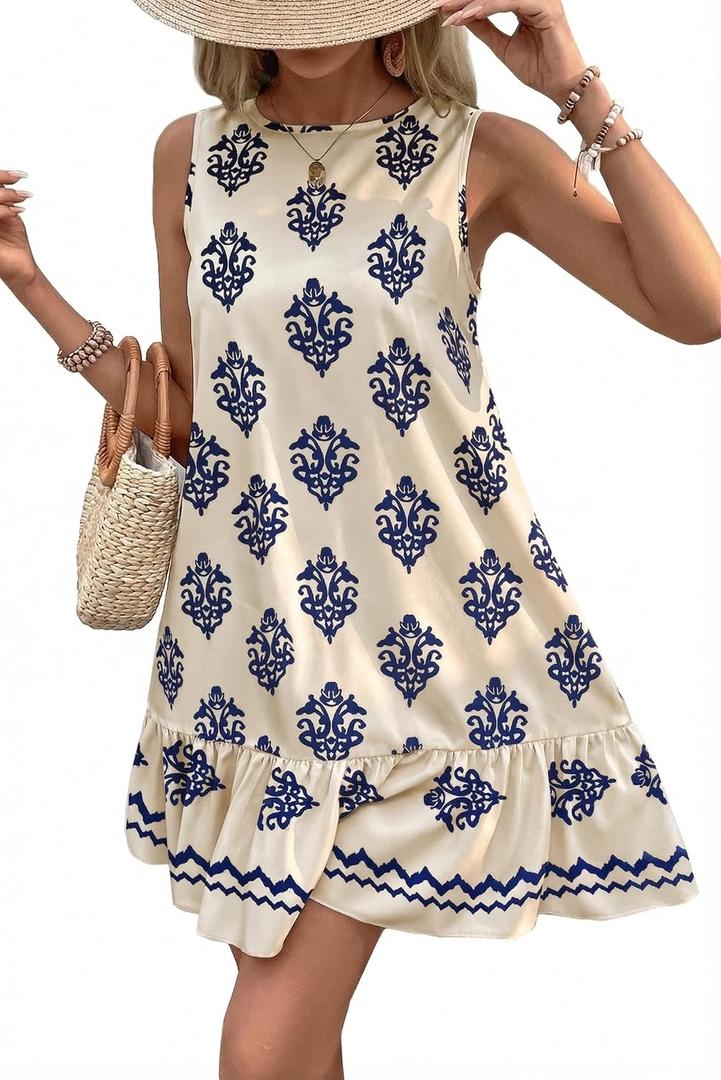 BLENCOT Womens Boho Dress Sleeveless Ruffle Mini Summer Vacation Casual Dresses (Beige, M)