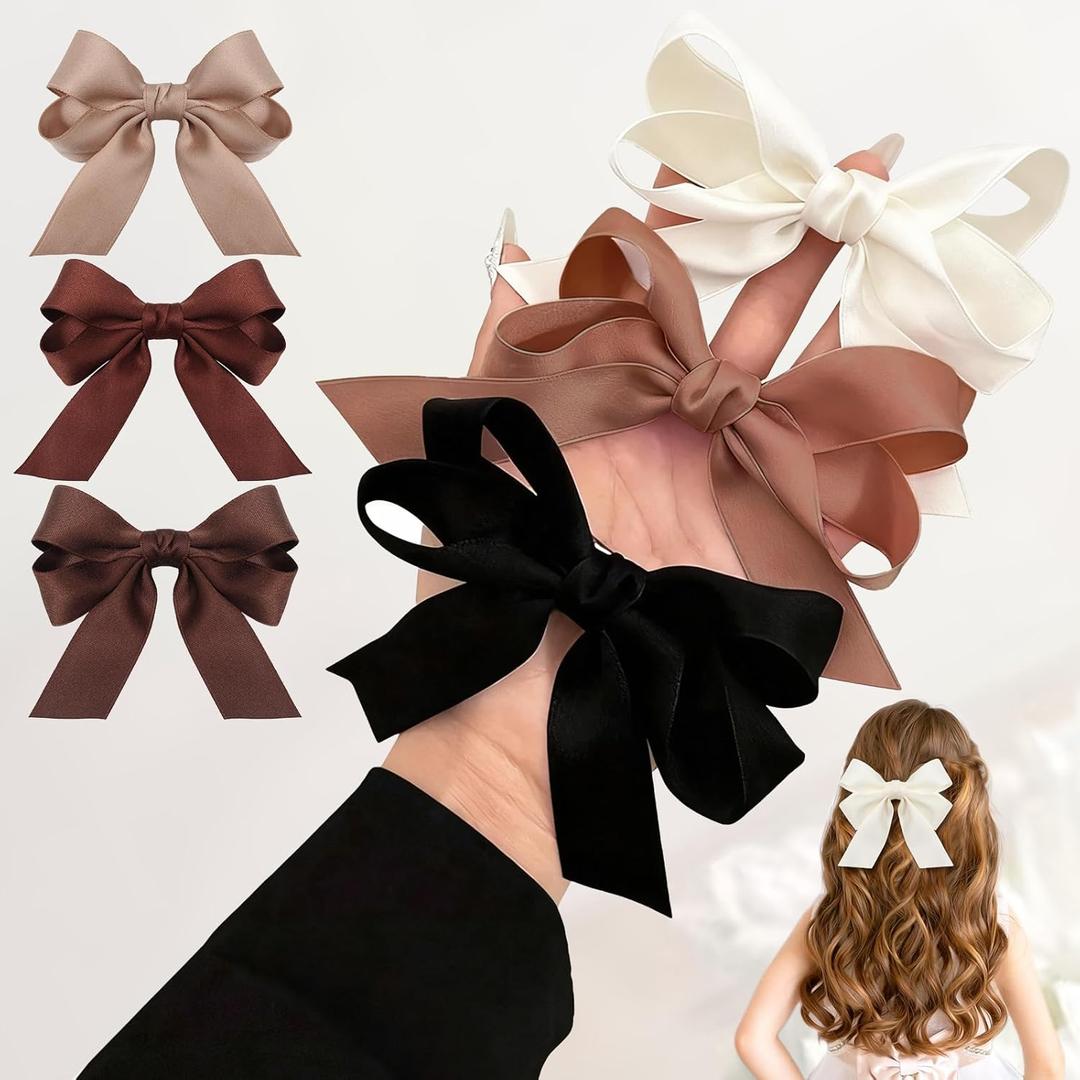 6PCS Small Hair Bows, Soft Satin Ribbon Bow Hair Clips for Women Girls, Non-Slip Hair Barrettes for Curly Straight Hair, Cute Bow Clips, Brown Hair Accessories for Party Wedding Valentine's Day Gift