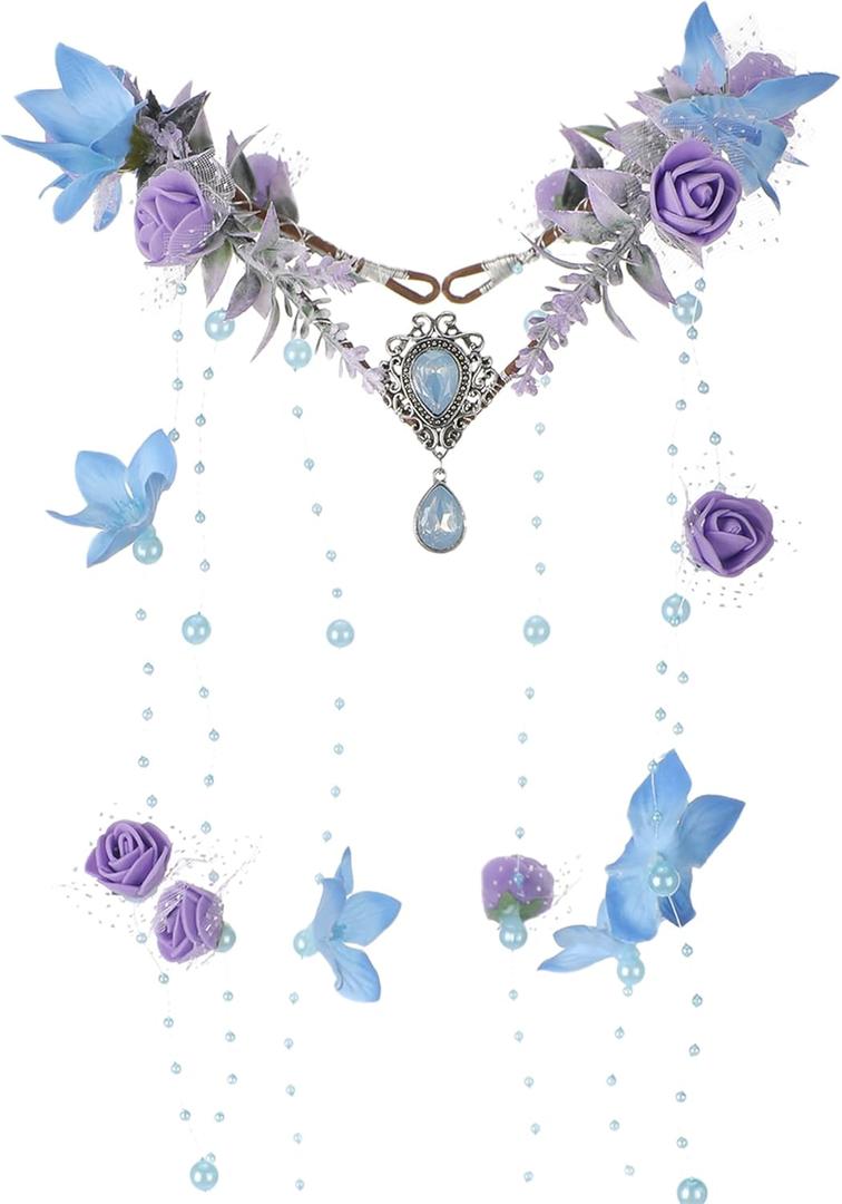 MOSTORY Fairy Flower Crown Headpiece - Floral Elf Crown Woodland Flower Circlet for Women Renaissance Renfaire Halloween (Blue-purple)