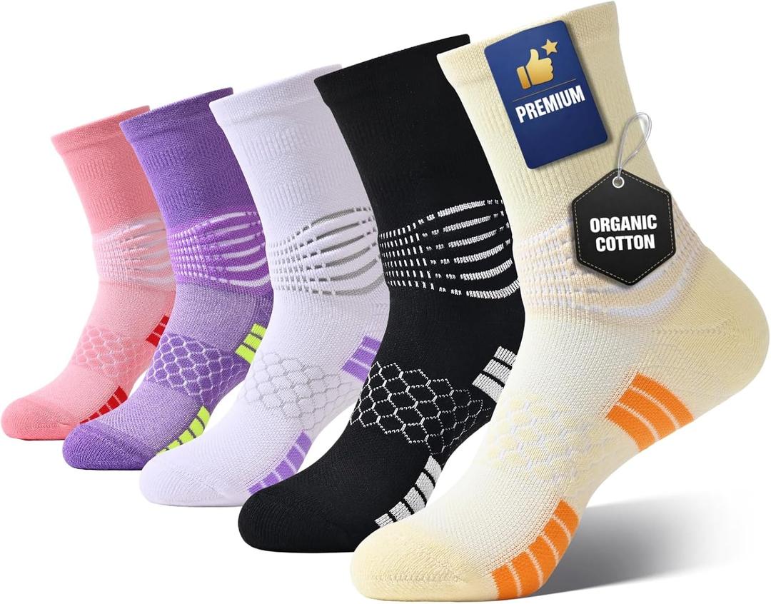 Womens Cotton Crew Compression Socks 5 Pairs Breathable Skin-Friendly with Targeted Ankle Support & Dry-Fit (M)