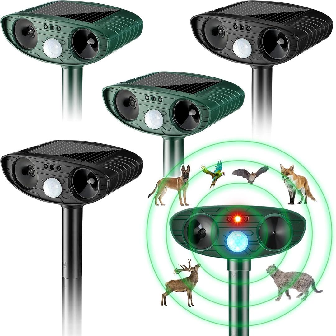 Ultrasonic Animal Repellent Outdoor Solar Powered Repeller Cat Dog Deer Deterrent Waterproof Motion Sensor Deterrent for Yard Garden Rabbit Squirrels Fox Pest(Black, Green,4 Pieces)