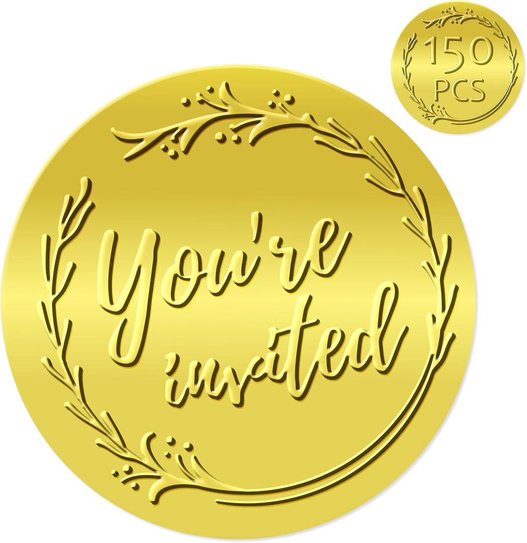 150 PCS You're Invited Stickers, Gold Foil Embossed Envelop Seals, Self-Adhesive Golden Aluminum Foil Stickers for Wedding Invitations, Envelopes, Cards, Present Decoration