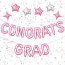 Pink Congrats Grad Balloons,16 Inch Congrats Grad Banner Balloons with 6pcs Pink and Silver Star Balloons with Ribbon for Graduate Party,Graduation Decorations Class of 2026