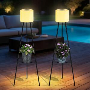 FUYO 2 Pack Solar Floor lamp Outdoor, 41.3'' Solar Powered Lights with 2 Plant Stand, Water-Resistant IP54 Outside Floor Lamps with 3 Lighting Modes for Patio Porch Yard Deck Decor