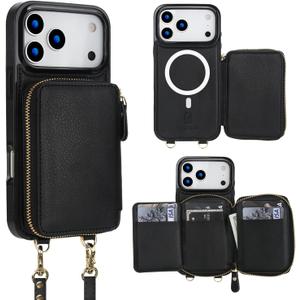 Bocasal for MagSafe Crossbody Wallet Case Compatible with iPhone 17 Pro Max, RFID Blocking Protective Purse Case with Card Slots Holder Kickstand Wrist Strap Lanyard Zipper 6.9 Inch 5G (Black)