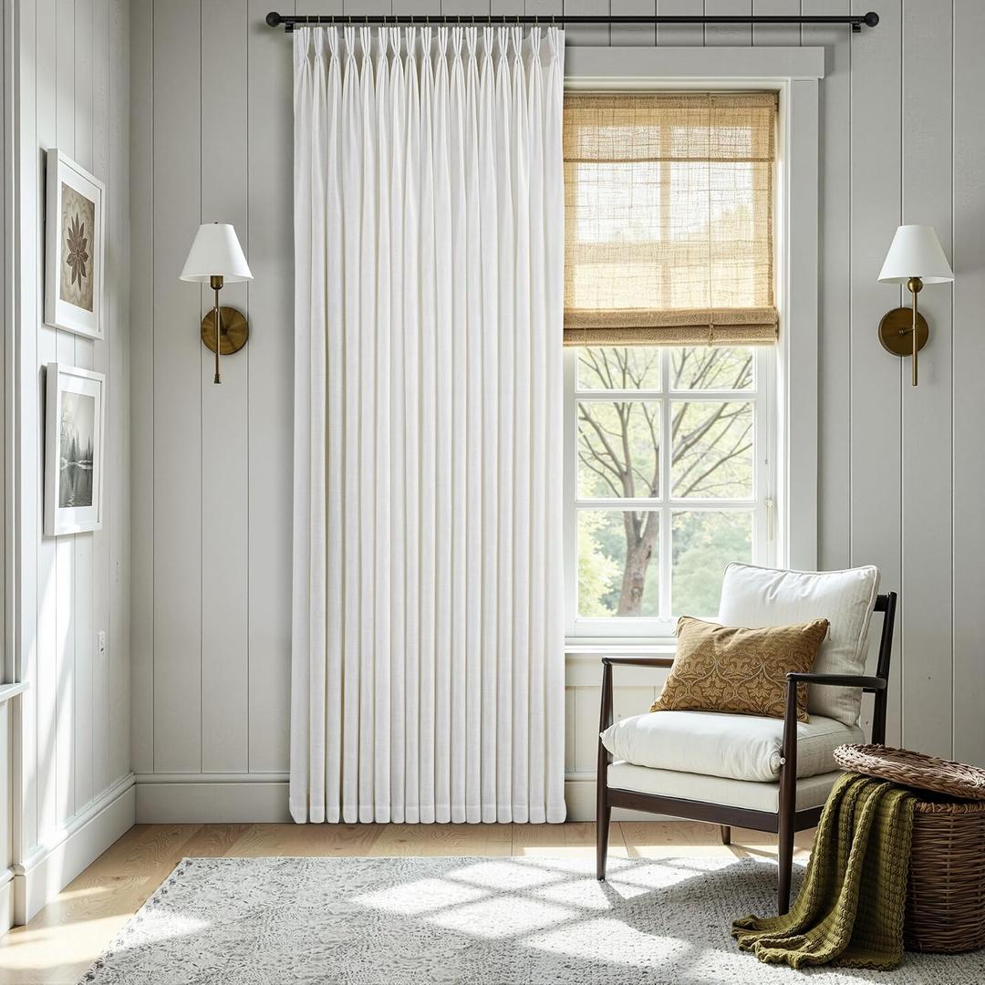 100 Inch Extra Wide Pinch Pleated Linen Curtains 105 Inch Length for Living Room Bedroom Natural Cream Beige Privacy Drapes Light Filtering for Patio Sliding Door 105 Inches Long Hooks Clips Rings