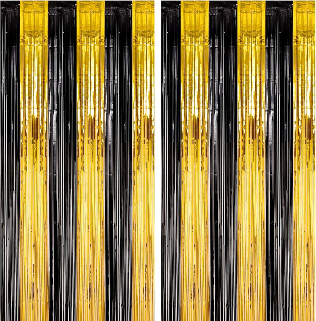 Voircoloria 4 Pack Black and Gold Foil Fringe Backdrop Curtains, Tinsel Streamers Birthday Party Decorations, Fringe Backdrop for Graduation, Baby Shower, Gender Reveal, Disco Party