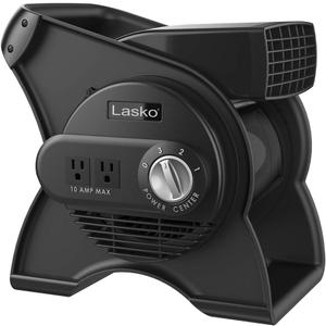 Lasko Portable Utility Fan, 12 289 CFM Pivoting High Velocity Air Mover Blower Fan, 3 Speeds, 2 Accessory Outlets 120V, Black, U12104