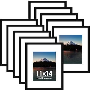 Fisnish 11x14 Picture Frame Sef of 10, Display Pictures 8x10 with Mat or 11 x 14 Without Mat, Photo Frame Collage for Wall Gallery Decor, Hanging or Tabletop Display, Black