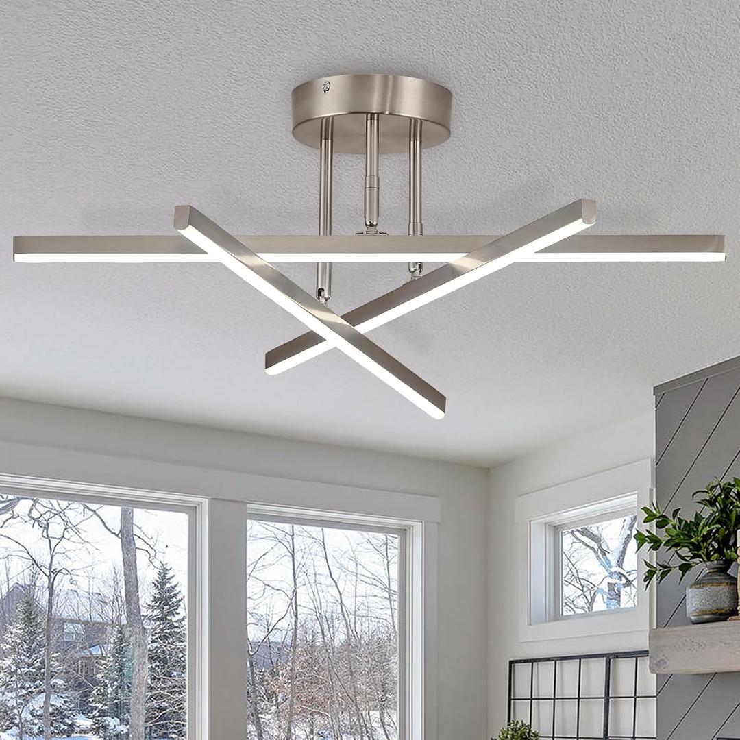 Modern LED Chandelier 24W Dimmable Nickel Semi Flush Mount Ceiling Light Fixture for Kitchen Dining Room Foyer Entry, 23.82"
