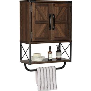 RUSTOWN Farmhouse Rustic Medicine Cabinet with Two Barn Door,Wood Wall Mounted Storage Cabinet with Adjustable Shelf and Towel Bar, 3-Tier Cabinet for Bathroom(Dark Walnut)