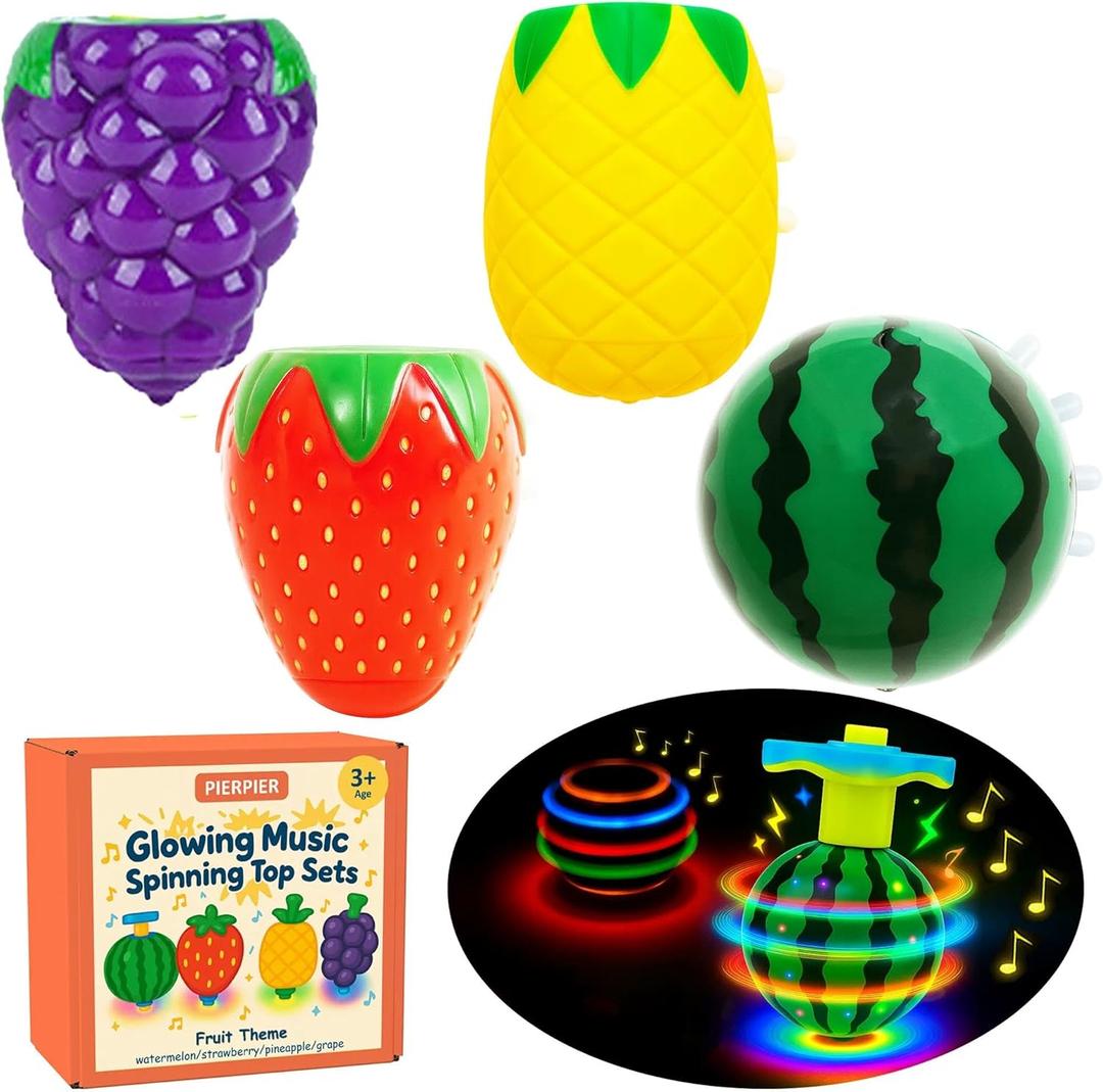 Fruit Spinning Tops for Kids, Stocking Stuffers & White Elephant Exchange Toys  4 Pack Fruit-Themed Light-Up Toys with Music for Boys & Girls Toddlers