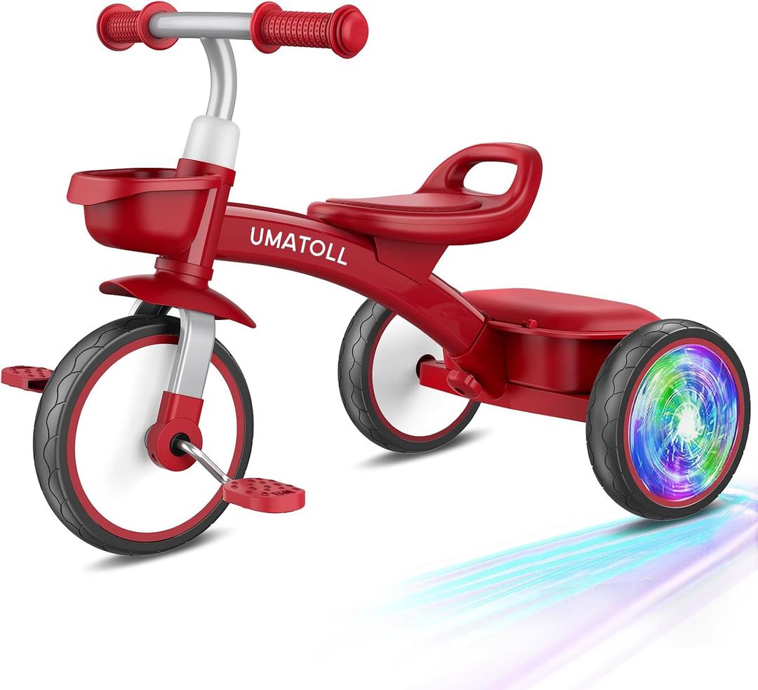 Umatoll Toddler Tricycle for 18 Month to 4 Year Old Boys Girls,Toddler Bike Toys with Adjustable Seat&Light-Up Wheels,Birthday Gift for Age 2-3 (Red), Small