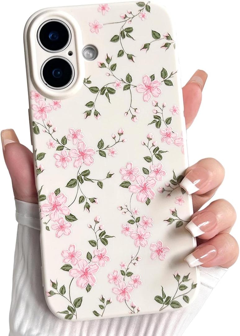 NITITOP Compatible with iPhone 16 Plus Case Cute Flowers Floral Plant Leaves Pattern for Women Girls Trendy Slim Fit Soft TPU Bumper Silicone Shockproof Full Camera Protective Cover - Pink