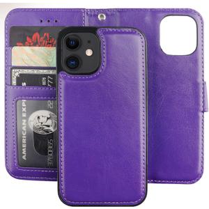 Bocasal Compatible with iPhone 12 Mini Wallet Case with Card Holder PU Leather Magnetic Detachable Kickstand Shockproof Wrist Strap Removable Flip Cover (Purple)
