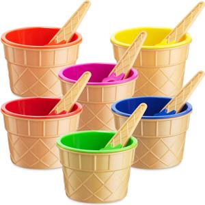 JoyServe Ice Cream Bowls and Spoons Set - (Pack of 6) Reusable Plastic Ice Cream Cups and Waffle Cone Shaped Spoons for Dessert, Frozen Yogurt, Gelato, Birthday Party Decorations