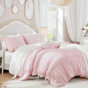 Intelligent Design Queen Comforter Set Ruched Shabby Chic Comforters for Queen Size Bed, All Season Lightweight Comforter Queen, French Country Bedding Set, Shams, Ella, Full/Queen, Pink 3 Piece