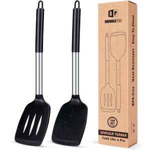 Pack of 2 Silicone Solid Turner, Non Stick Slotted Kitchen Spatulas, High Heat Resistant BPA Free Cooking Utensils, Ideal Cookware for Fish, Eggs, Pancakes(Black)