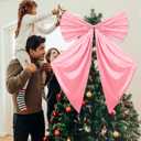 Large Christmas Pink Bow Tree Topper Big Bow Tree Topper Ornament Decorations Pink Plush Hanging Decor for Xmas Door Window Wall Girl Bachelorette Wedding Party Decoration Supplies Gifts 26 x 39In