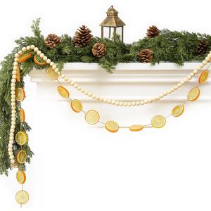 Yinkin 6.5 ft Artificial Orange Slices Garland Christmas Decorations with 6.5 ft Rustic Wooden Bead Garland Hanging Ornaments for Christmas Tree Fireplace Wreath Doorway Wall Window Decor
