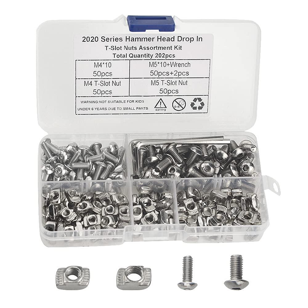 XINGYHENG 200Pcs M4 M5 T Nuts Hammer Head Fastener Nut Drop in T Slot Nut Assortment Kit Nickel Plated Carbon Steel with Screws and 2 Wrenches for Aluminum Profile