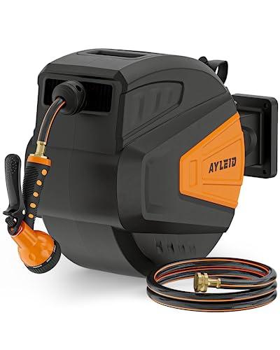 Ayleid Retractable Garden Hose Reel,1/2 in x 100 ft Wall Mounted Hose Reel, with 9- Function Sprayer Nozzle, Any Length Lock/Slow Return System/Wall Mounted/180°Swivel Bracket (Black)